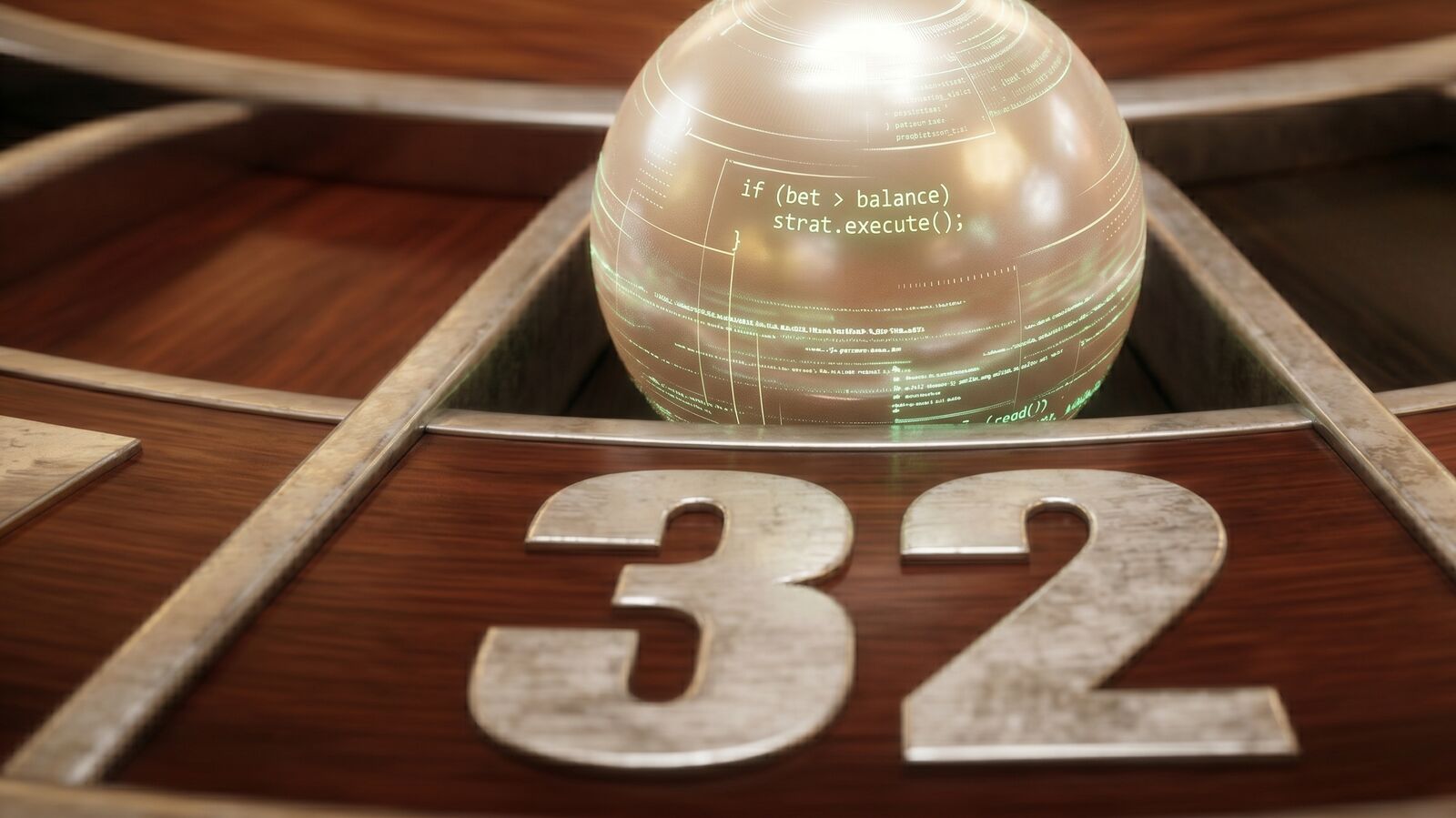 A chrome roulette ball etched with glowing green Lua code, resting on the number 32 in a wooden wheel