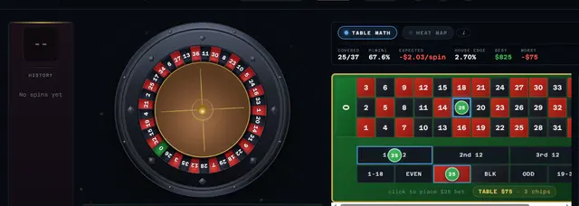 The Game mode felt: wheel, board, and a live TABLE MATH readout of coverage, win probability, and expected value